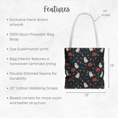 Orange Ghost Halloween Trick or Treat Bag – Cute Ghosts, Pumpkins, Candy & Bats Pattern – 13” Reusable Tote for Kids