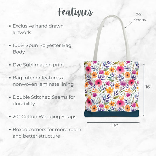 Teal Watercolor Floral Tote Bag, Customizable Name, Flower Patterned Shoulder Bag, Reusable Shopping Bag