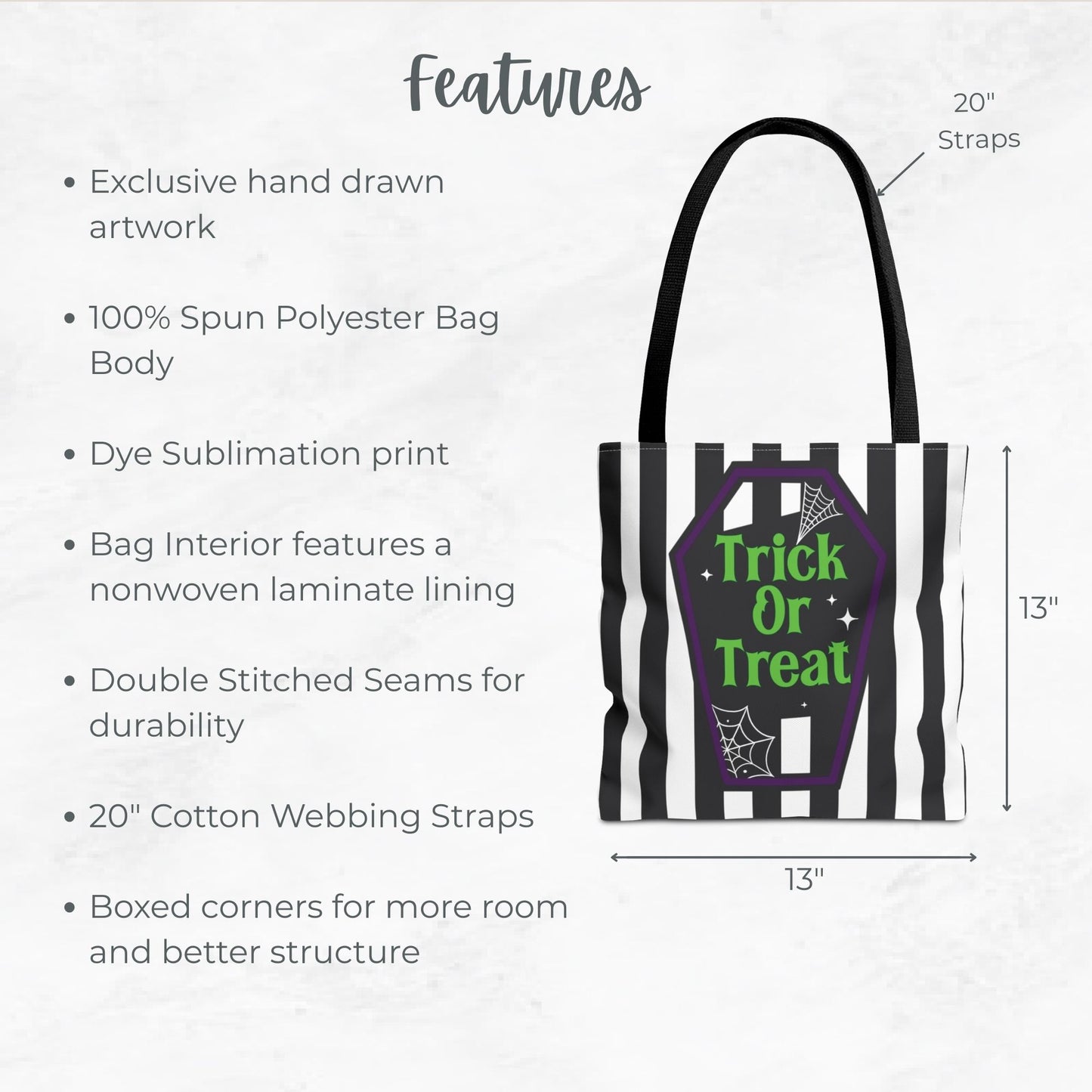 Trick or Treat Coffin Bag – 13" Striped Halloween Tote with Spider Web Design