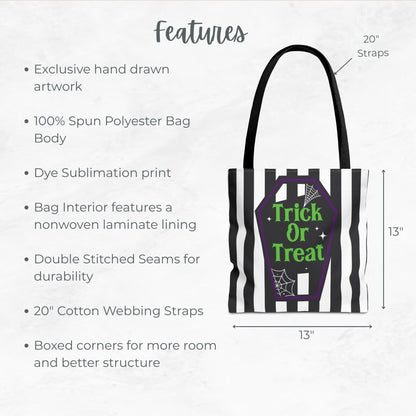 Trick or Treat Coffin Bag – 13" Striped Halloween Tote with Spider Web Design