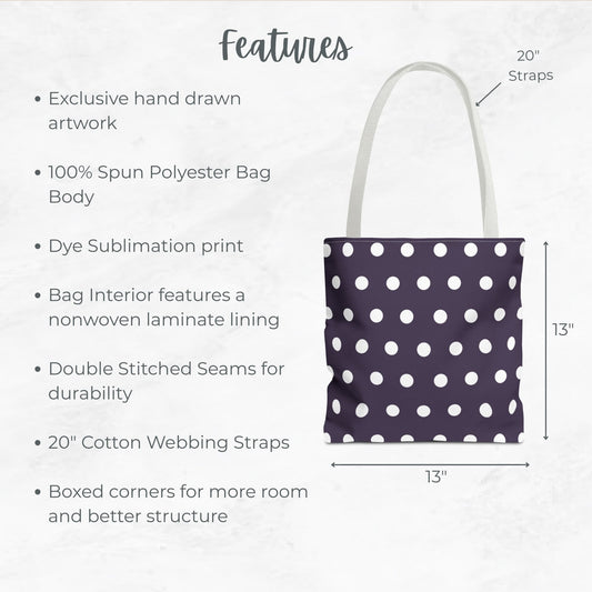 Purple Polka-dotted tote bag – 13” Tote for Kids or Halloween Lovers.