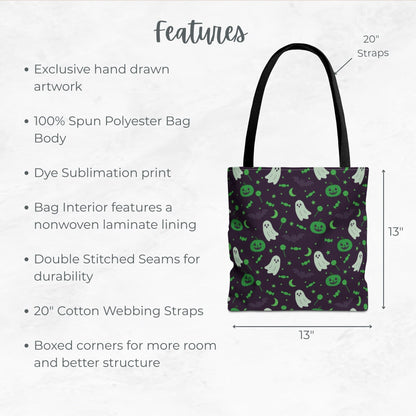 Green Ghost Halloween Trick or Treat Bag – Cute  Ghosts, Pumpkins, Candy & Bats – Reusable 13” Tote for Kids