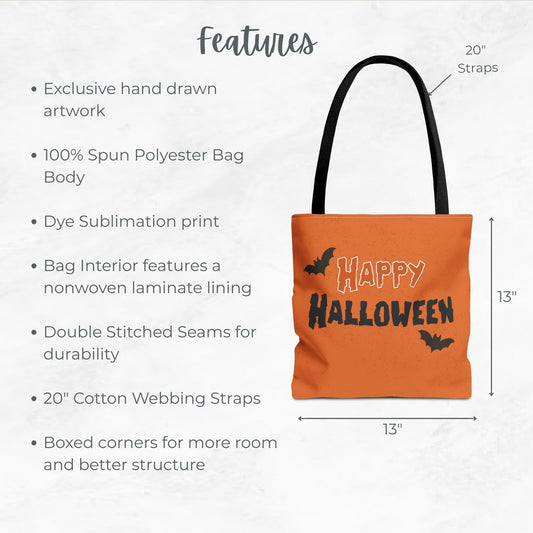 Happy Halloween Trick or Treat Bag – 13" Orange Tote with Bat Design