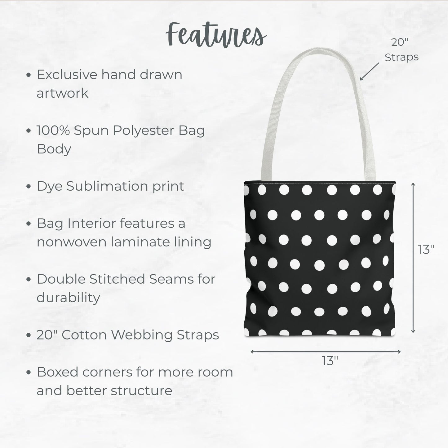 Black and White Polka-dotted tote bag – 13” Tote for Kids or Halloween Lovers.