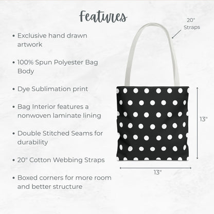 Black and White Polka-dotted tote bag – 13” Tote for Kids or Halloween Lovers.