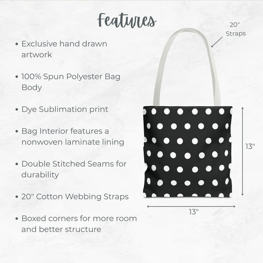 Black and White Polka-dotted tote bag – 13” Tote for Kids or Halloween Lovers.