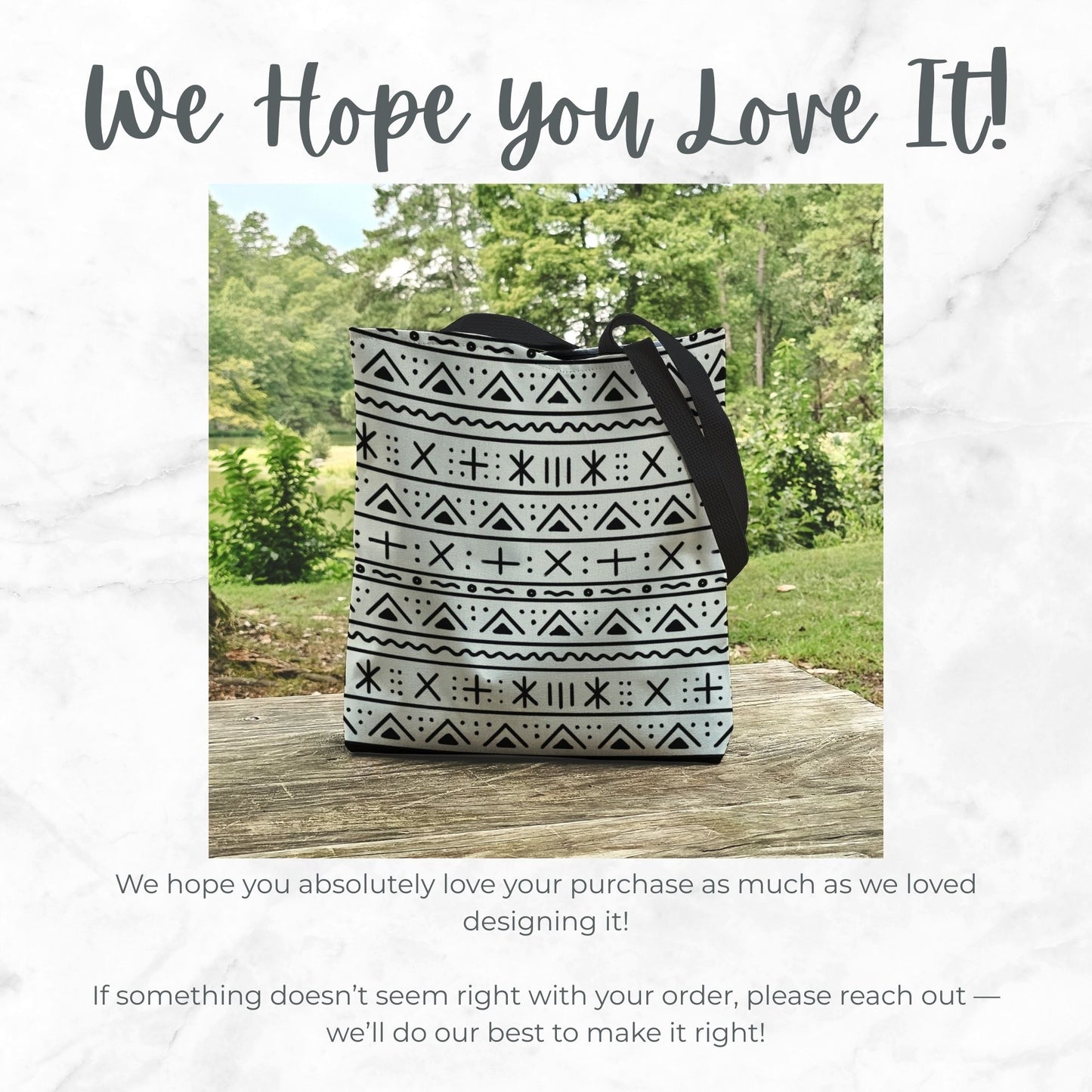 Black and White Mudcloth InspiredTote Bag – 16" Boho Tribal Inspired Pattern Reusable Everyday Bag