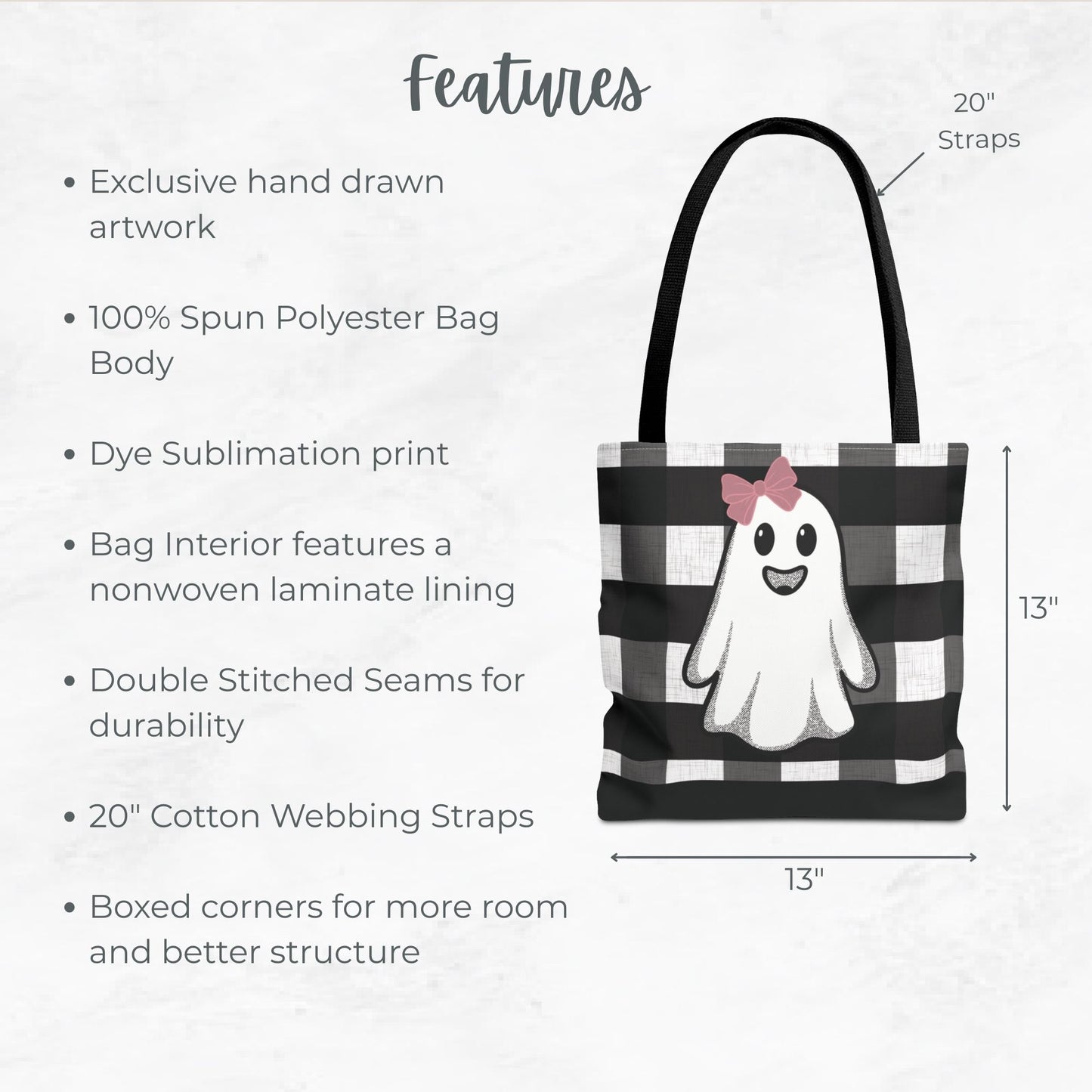 Girly Ghost Trick or Treat Bag – 13" Buffalo Plaid Halloween Tote with Pink Bow