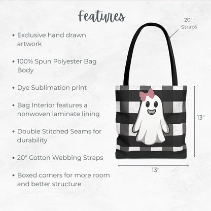 Girly Ghost Trick or Treat Bag – 13" Buffalo Plaid Halloween Tote with Pink Bow