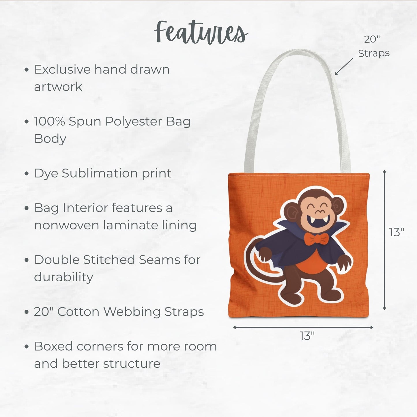 Vampire Monkey Trick or Treat Bag – 13" Orange Halloween Tote for Kids, Spooky Zoo Friends Collection