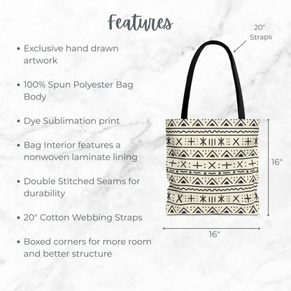 Black and White Mudcloth InspiredTote Bag – 16" Boho Tribal Inspired Pattern Reusable Everyday Bag