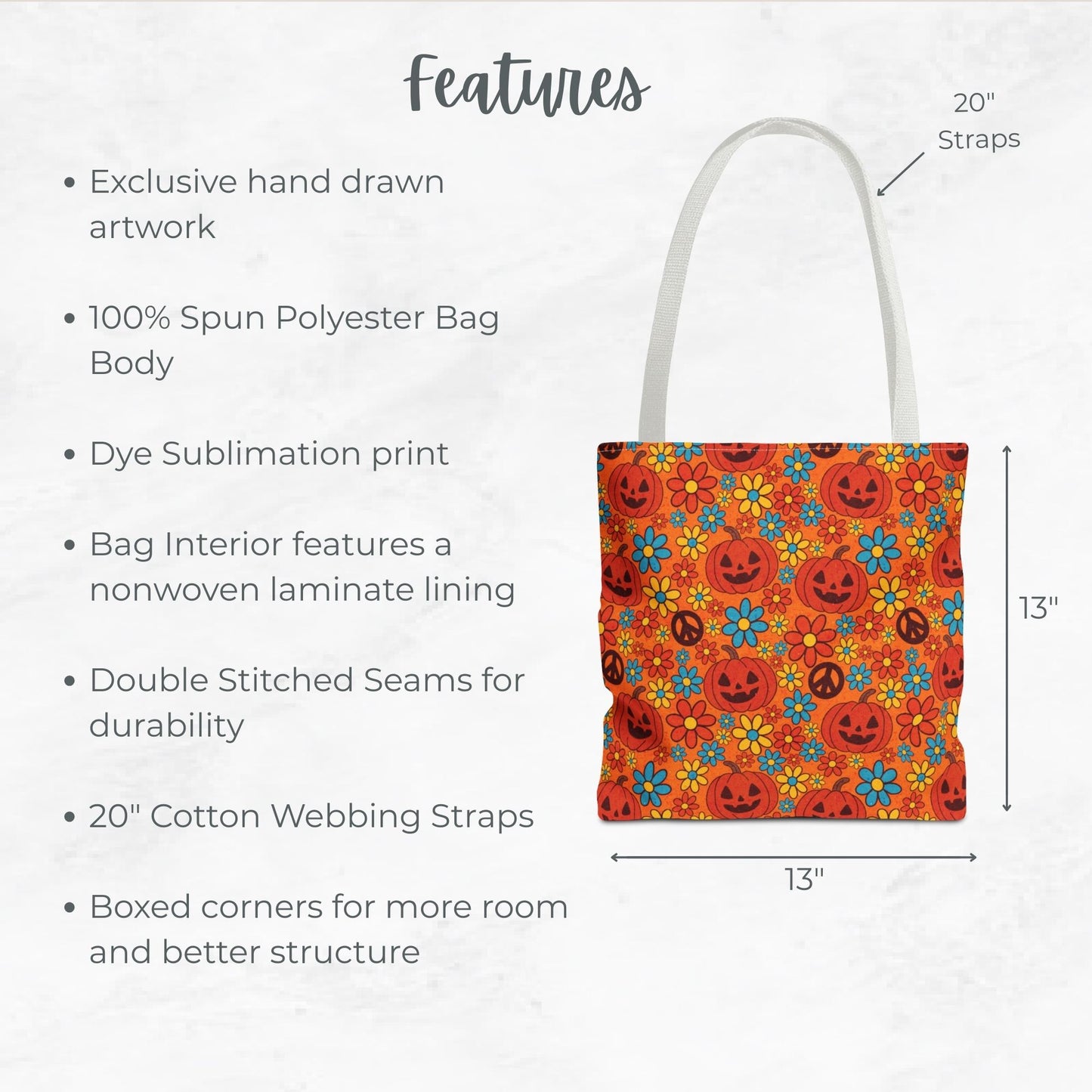 Groovy Halloween Trick or Treat Bag – Retro Pumpkins, Peace Signs & Flowers – 13” Tote for Kids or Halloween Lovers