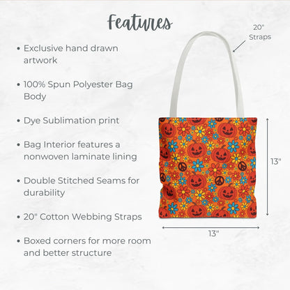 Groovy Halloween Trick or Treat Bag – Retro Pumpkins, Peace Signs & Flowers – 13” Tote for Kids or Halloween Lovers