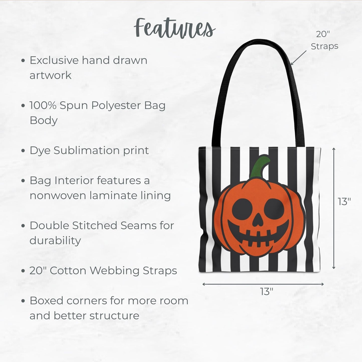 Pumpkin Skull Trick or Treat Bag – 13" Striped Jack-o’-Lantern Halloween Tote