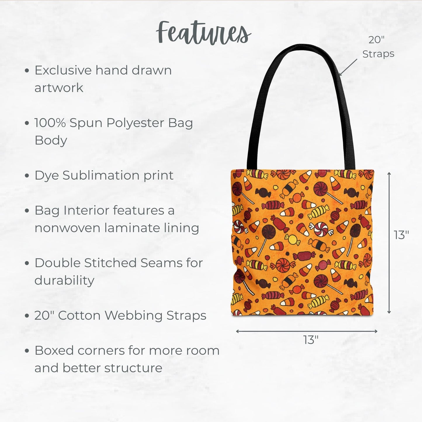 Halloween Candy Trick or Treat Bag – Orange Hand-Drawn Candy Pattern – 13” Tote for Kids’ Candy Hauls