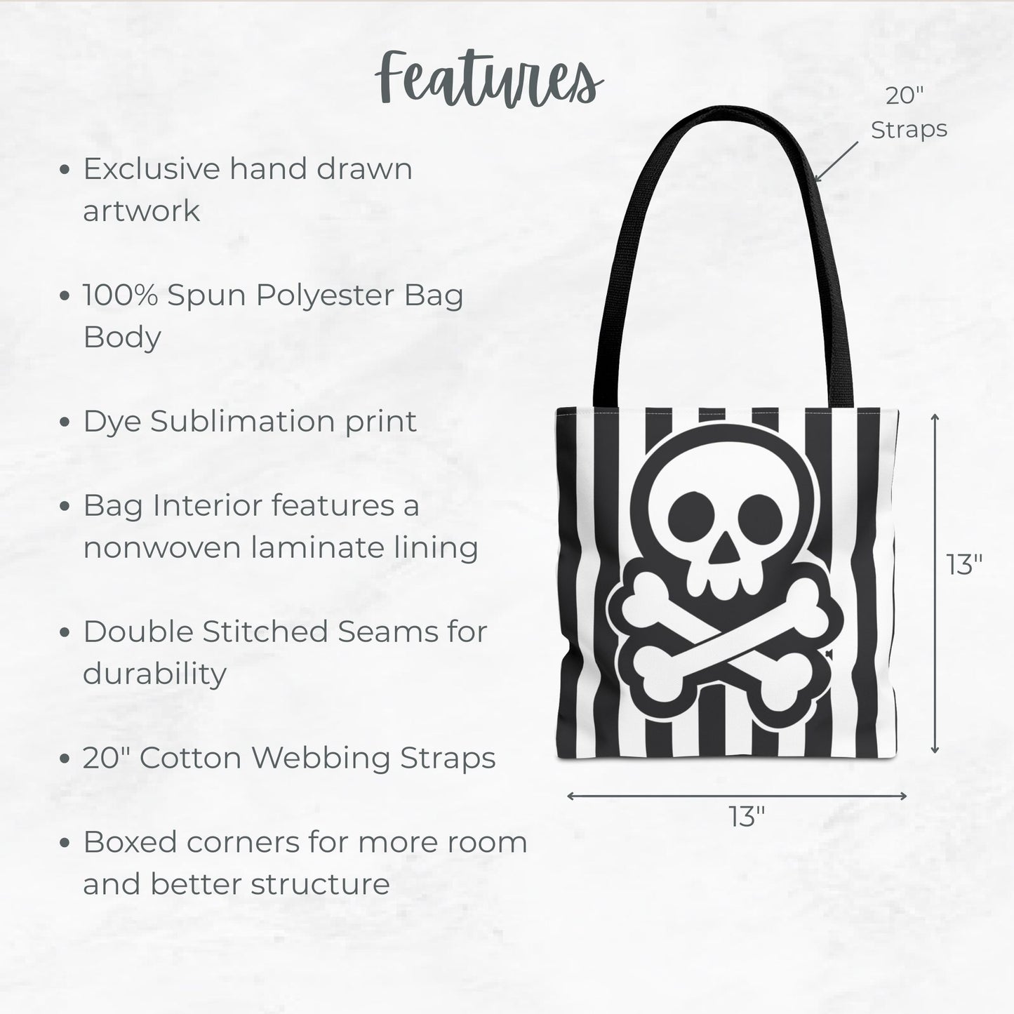 Skull and Crossbones Trick or Treat Bag – 13" Striped Black and White Halloween Tote