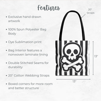 Skull and Crossbones Trick or Treat Bag – 13" Striped Black and White Halloween Tote
