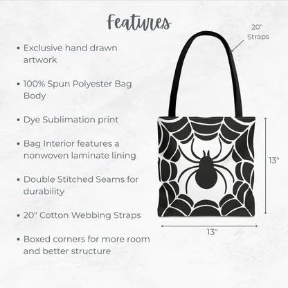 Spider Web Trick or Treat Bag – 13" Black and White Halloween Tote with Spider Design