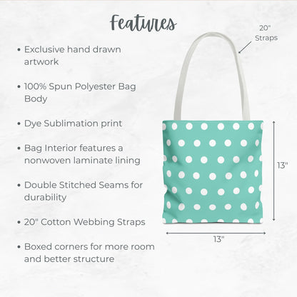 Seafoam Polka-dotted Trick or Treat tote bag – 13” Tote for Kids or Halloween Lovers