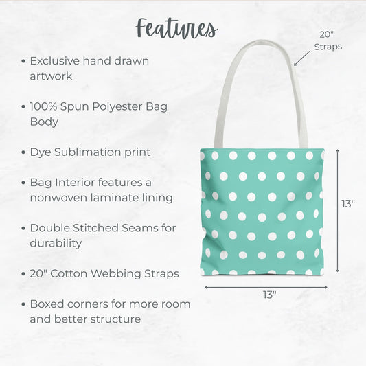 Seafoam Polka-dotted Trick or Treat tote bag – 13” Tote for Kids or Halloween Lovers