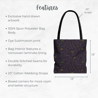 Spooky Jungle Eyes Trick or Treat Bag – Dark Purple Leaves with Glowing Eyes – 13” Halloween Tote for Kids or Adults