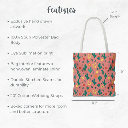 Pink/Green Ditsy floral Cactus Tote Bag, Desert Flower Handbag, Western Style Shoulder Purse, Canvas Carryall, Southwestern