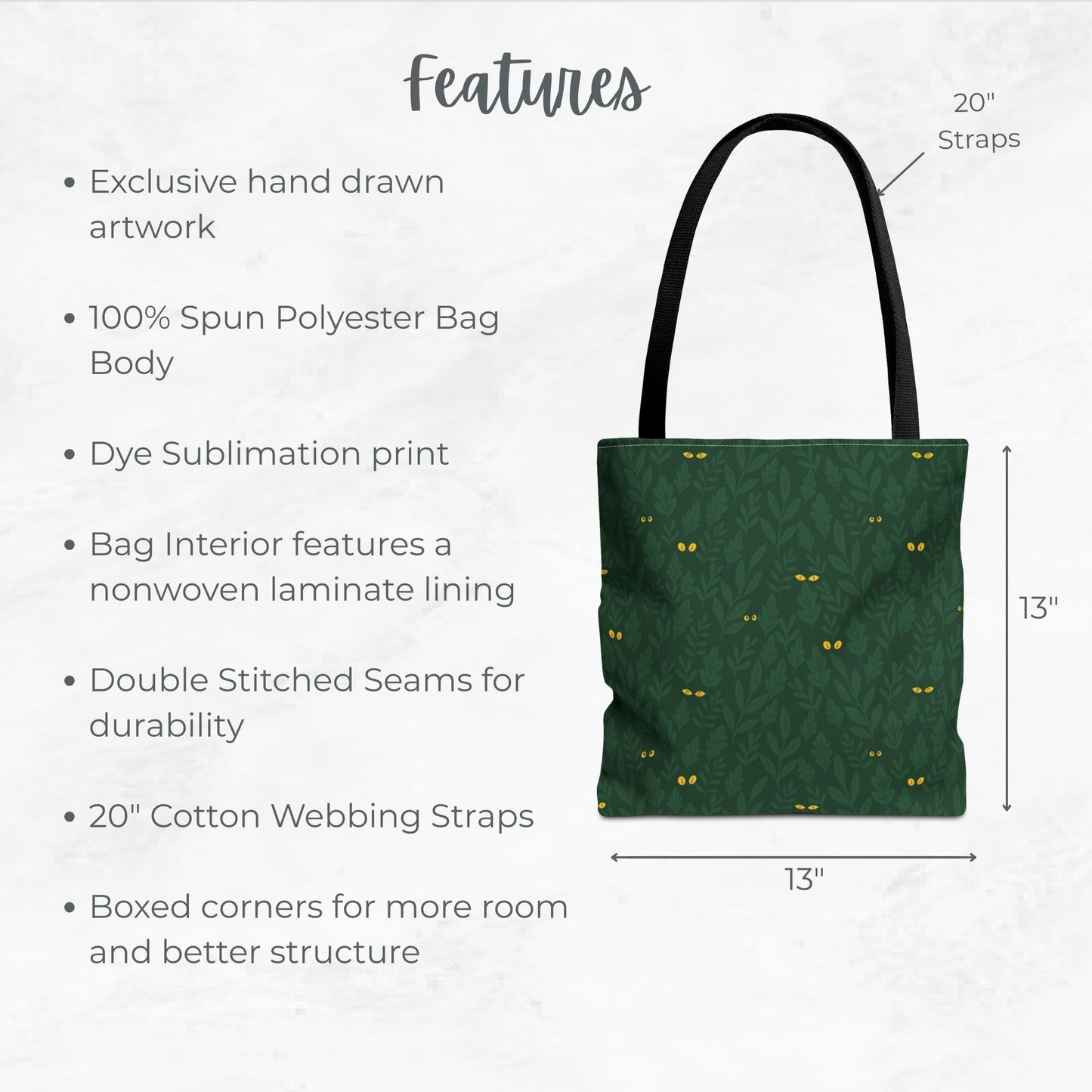 Spooky Jungle Eyes Trick or Treat Bag – Dark Green Leaves with Glowing Eyes – 13” Halloween Tote for Kids or Adults