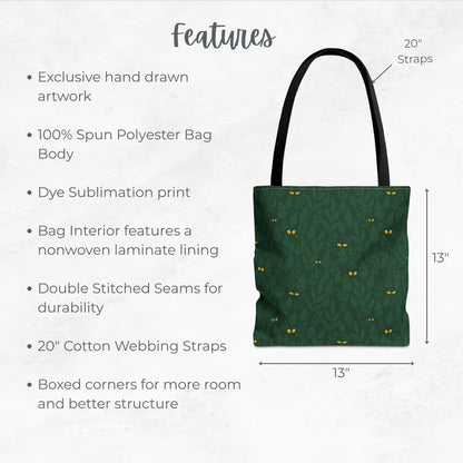 Spooky Jungle Eyes Trick or Treat Bag – Dark Green Leaves with Glowing Eyes – 13” Halloween Tote for Kids or Adults