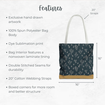 Navy/ Tan Cactus Tote Bag, Desert Flower Handbag, Western Style Shoulder Purse