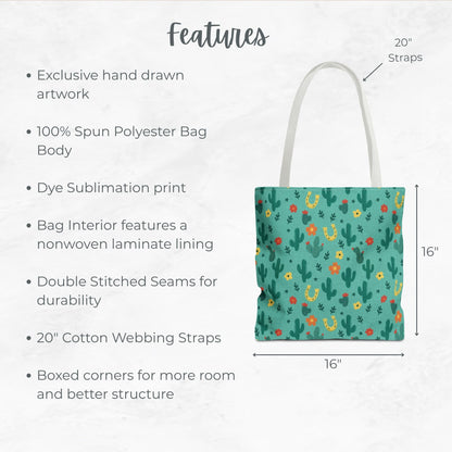 Turquoise Ditsy floral Cactus Tote Bag, Desert Flower Handbag, Western Style Shoulder Purse, Canvas Carryall, Southwestern