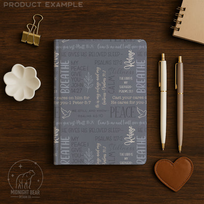 Dusty Blue Peace and Rest Seamless Pattern | Christian Word Grid with Bible Verses