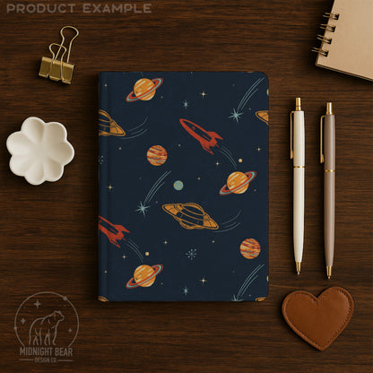 Retro Space Vintage UFO and Rocket Navy Seamless Pattern