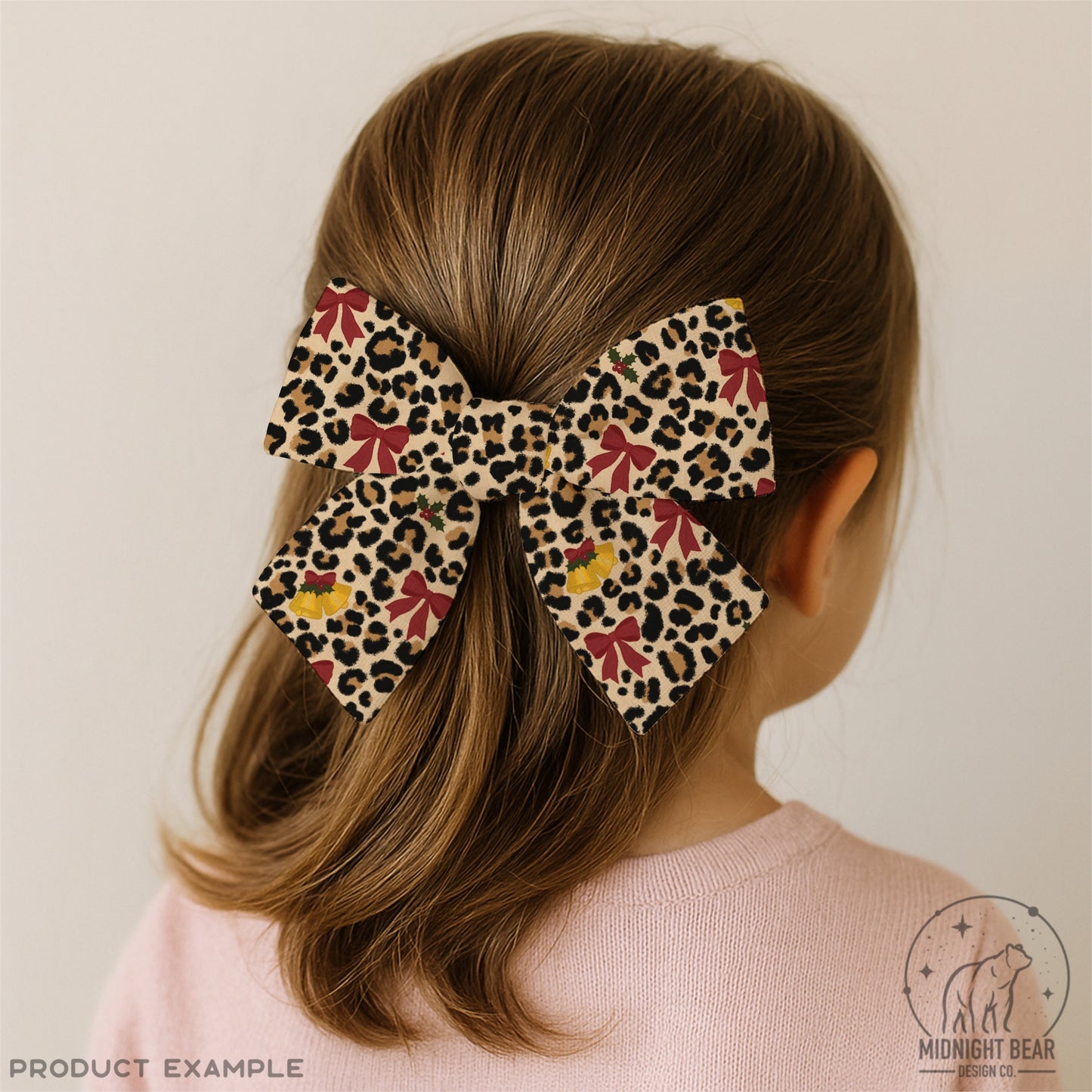 Christmas Leopard Print Seamless Pattern, Red Bows and Bells, Holly