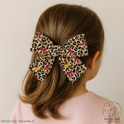 Christmas Leopard Print Seamless Pattern, Red Bows and Bells, Holly