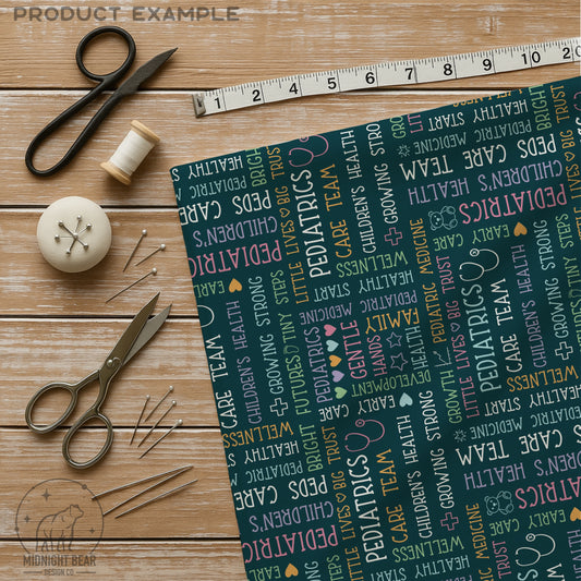 Teal Blue Multi-Color Pediatrics Word Grid Seamless Pattern