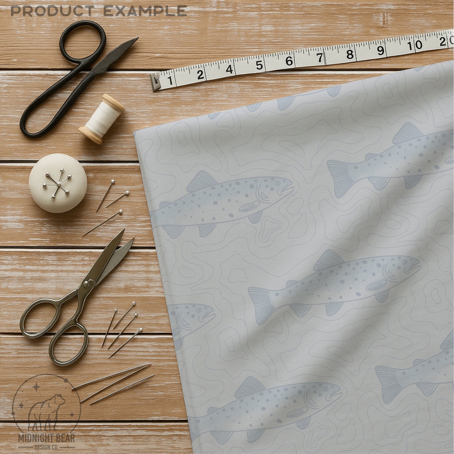 Topographical Trout Fishing Seamless Pattern Grey and Blue