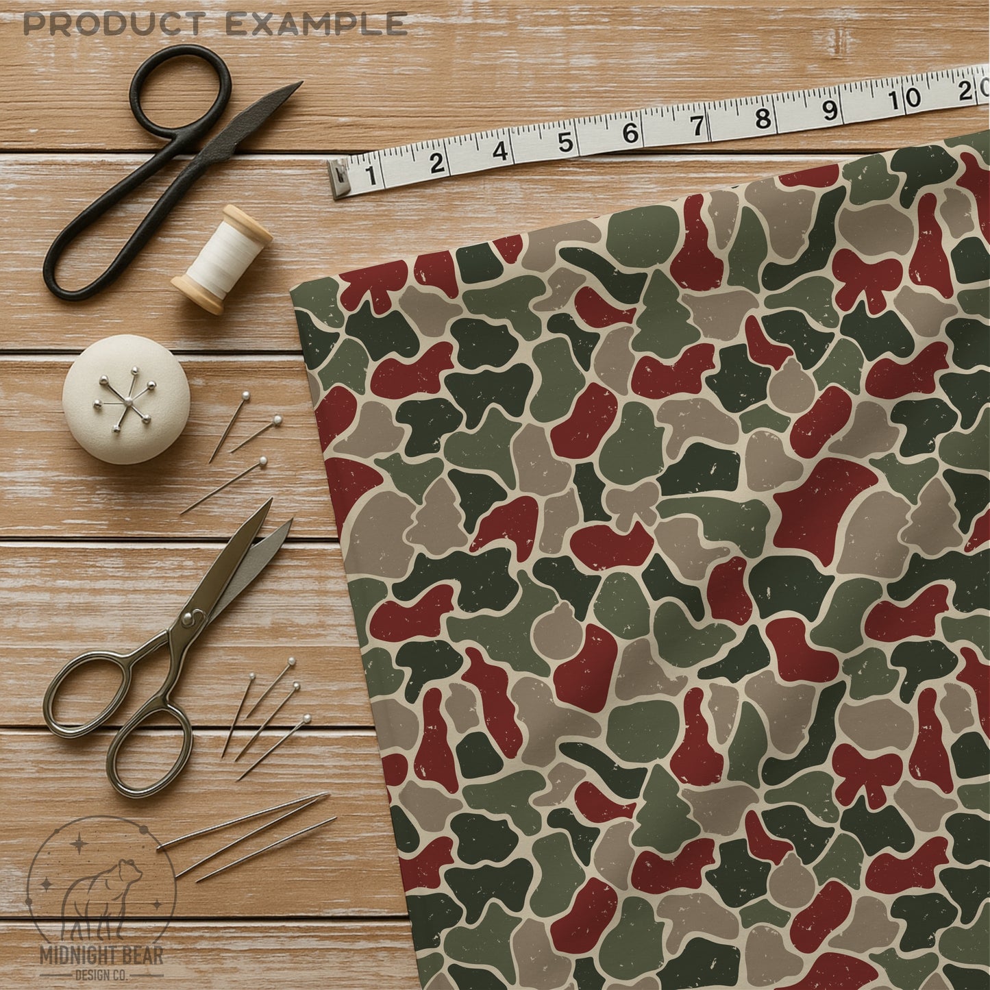 Christmas Camo Seamless Pattern Trees, Stockings, Ornaments in Red and Green