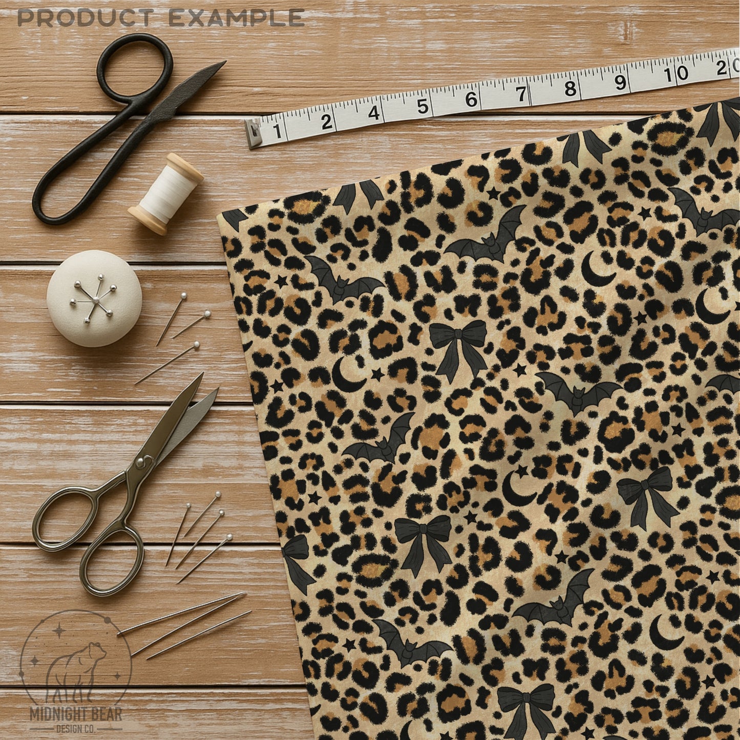Halloween Leopard with Bats and Bows Seamless Pattern Tan Colorway