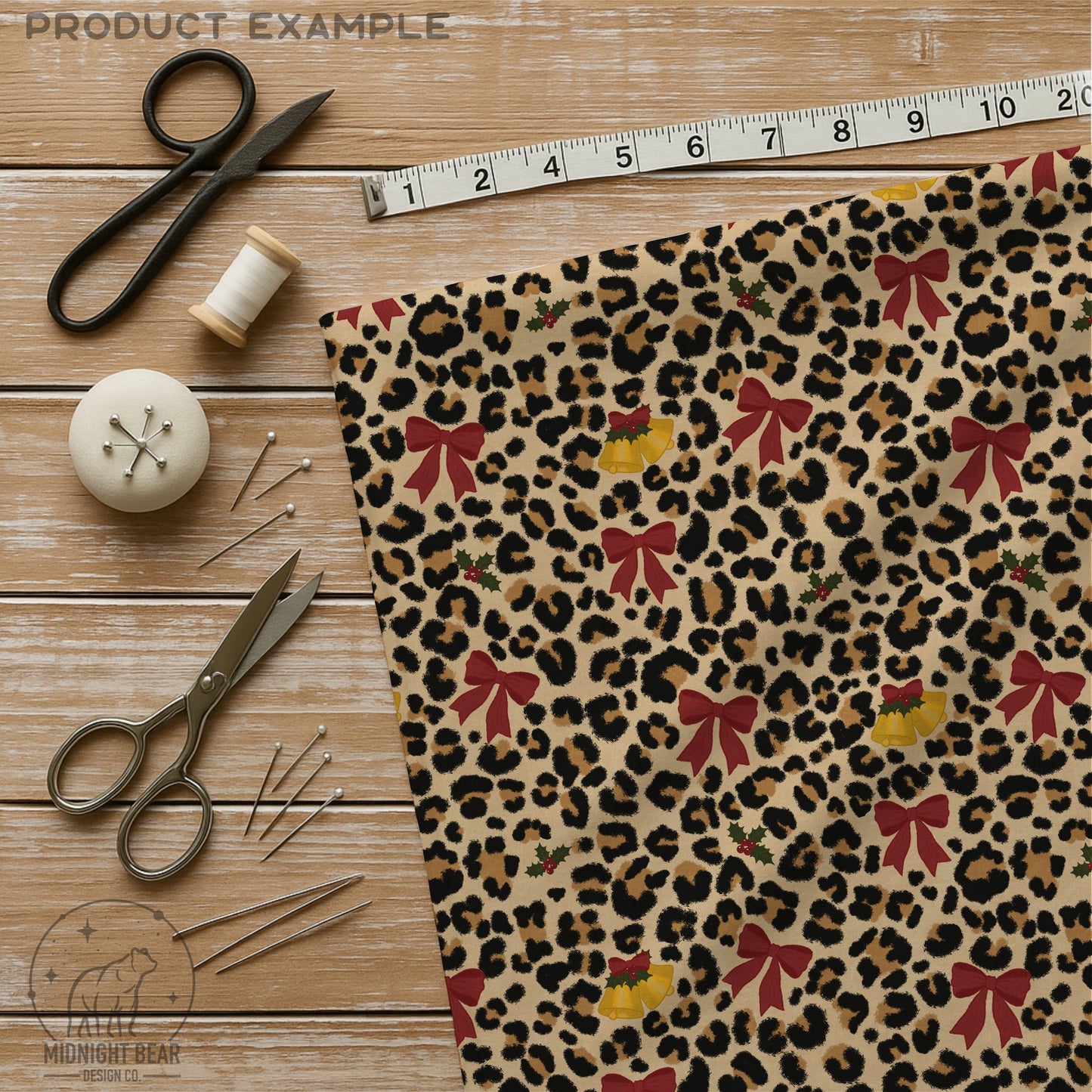 Christmas Leopard Print Seamless Pattern, Red Bows and Bells, Holly