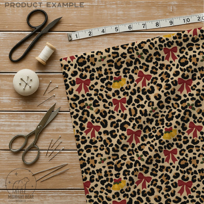 Christmas Leopard Print Seamless Pattern, Red Bows and Bells, Holly