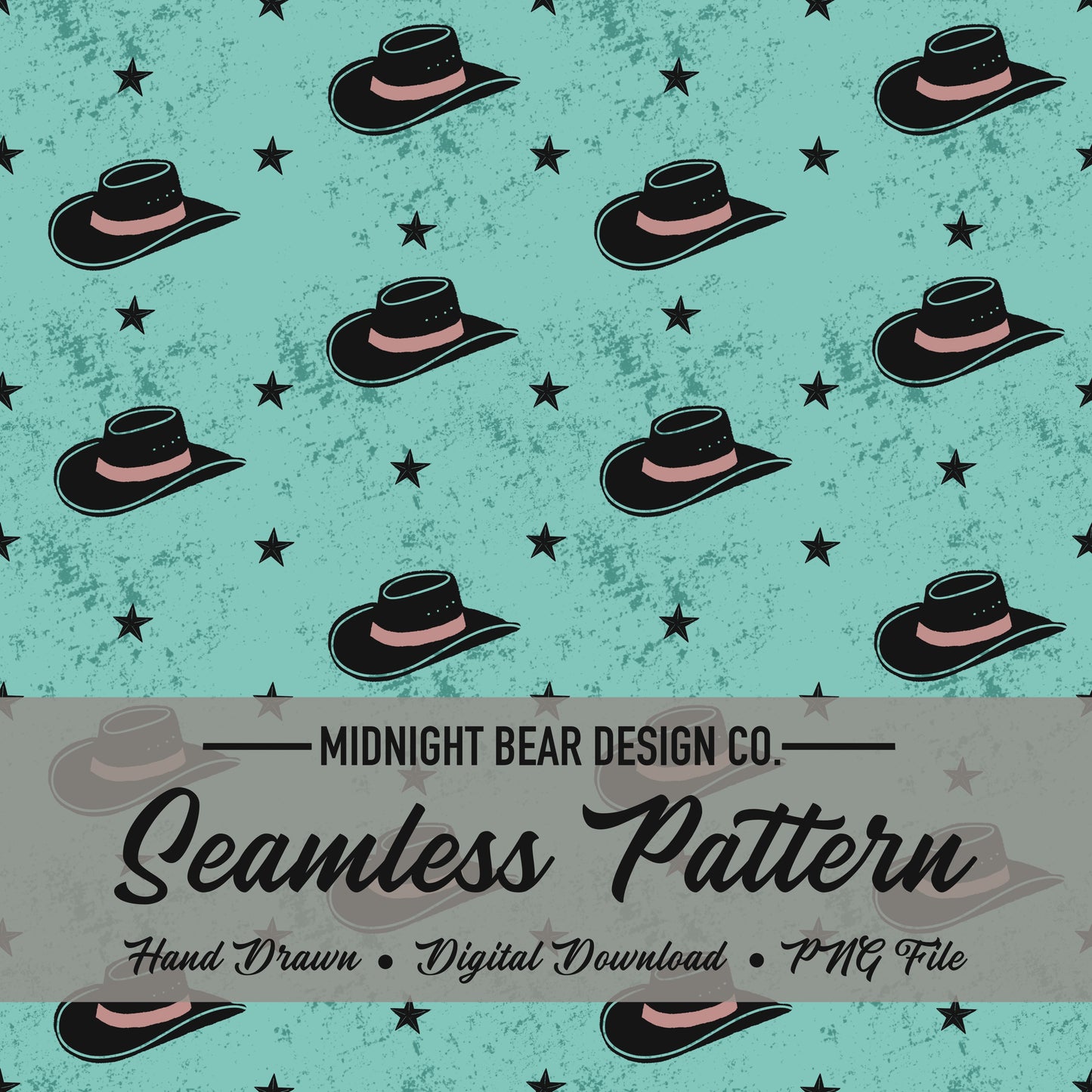 Hats and Stars in Teal Seamless Pattern Instant Digital Download