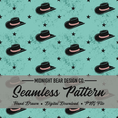 Hats and Stars in Teal Seamless Pattern Instant Digital Download