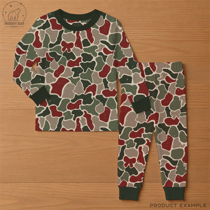 Christmas Camo Seamless Pattern Trees, Stockings, Ornaments in Red and Green