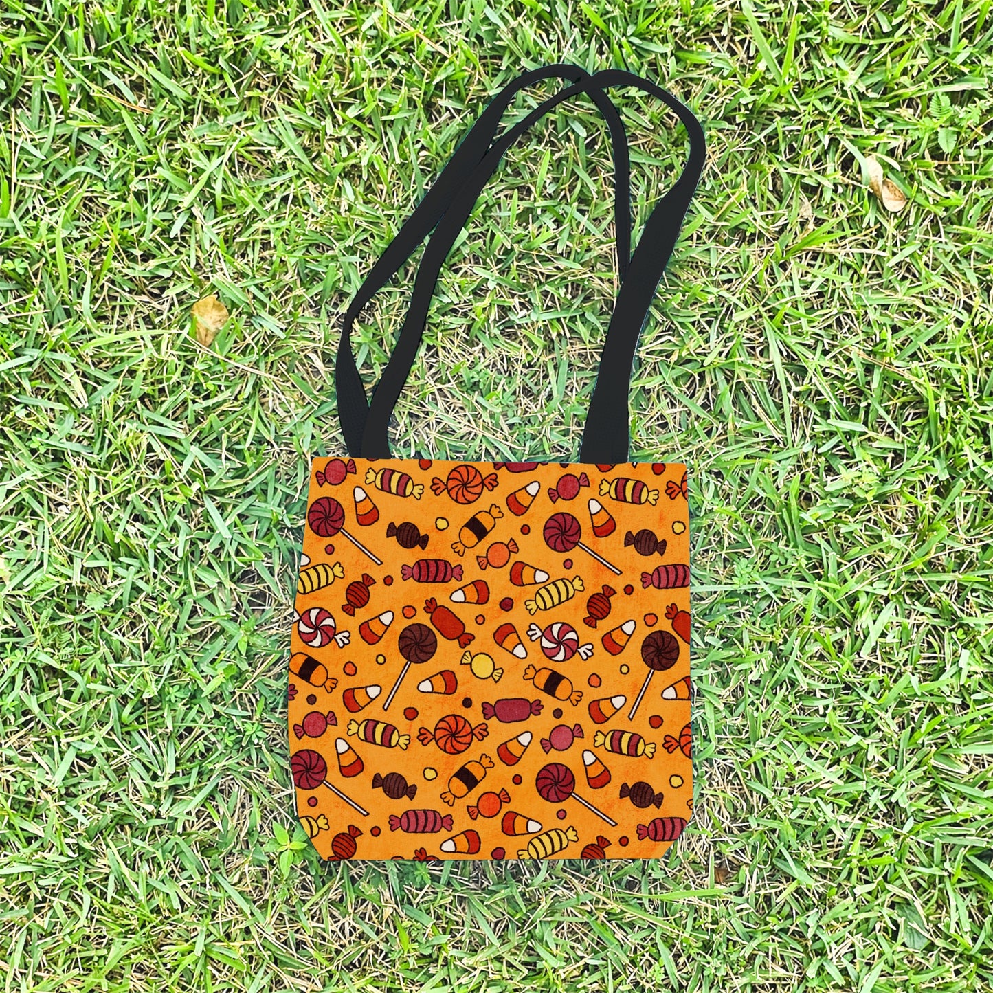 Halloween Candy Trick or Treat Bag – Orange Hand-Drawn Candy Pattern – 13” Tote for Kids’ Candy Hauls