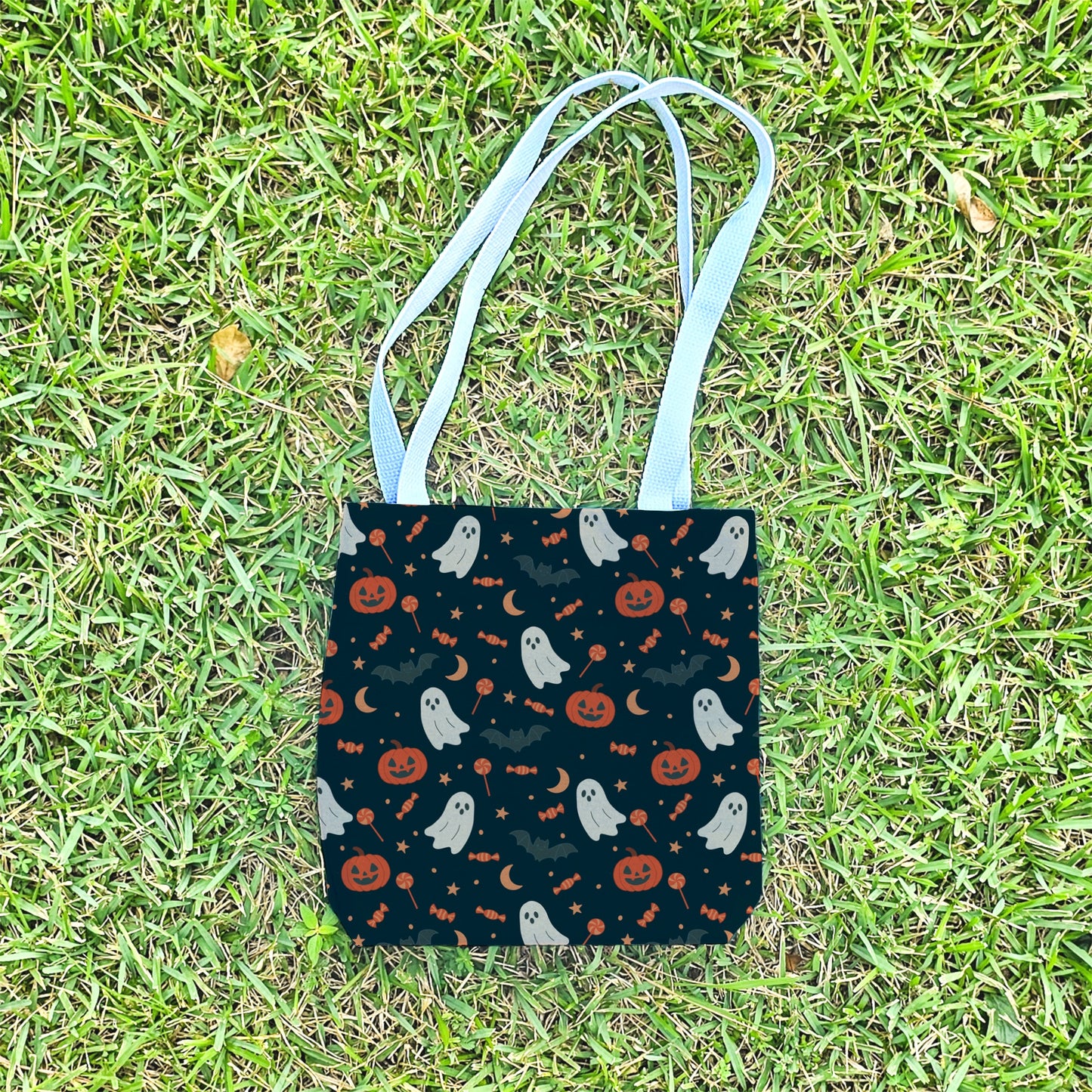 Orange Ghost Halloween Trick or Treat Bag – Cute Ghosts, Pumpkins, Candy & Bats Pattern – 13” Reusable Tote for Kids