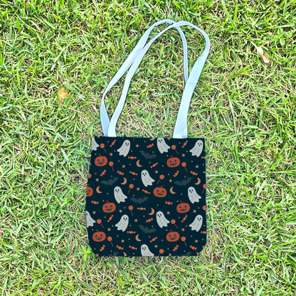Orange Ghost Halloween Trick or Treat Bag – Cute Ghosts, Pumpkins, Candy & Bats Pattern – 13” Reusable Tote for Kids