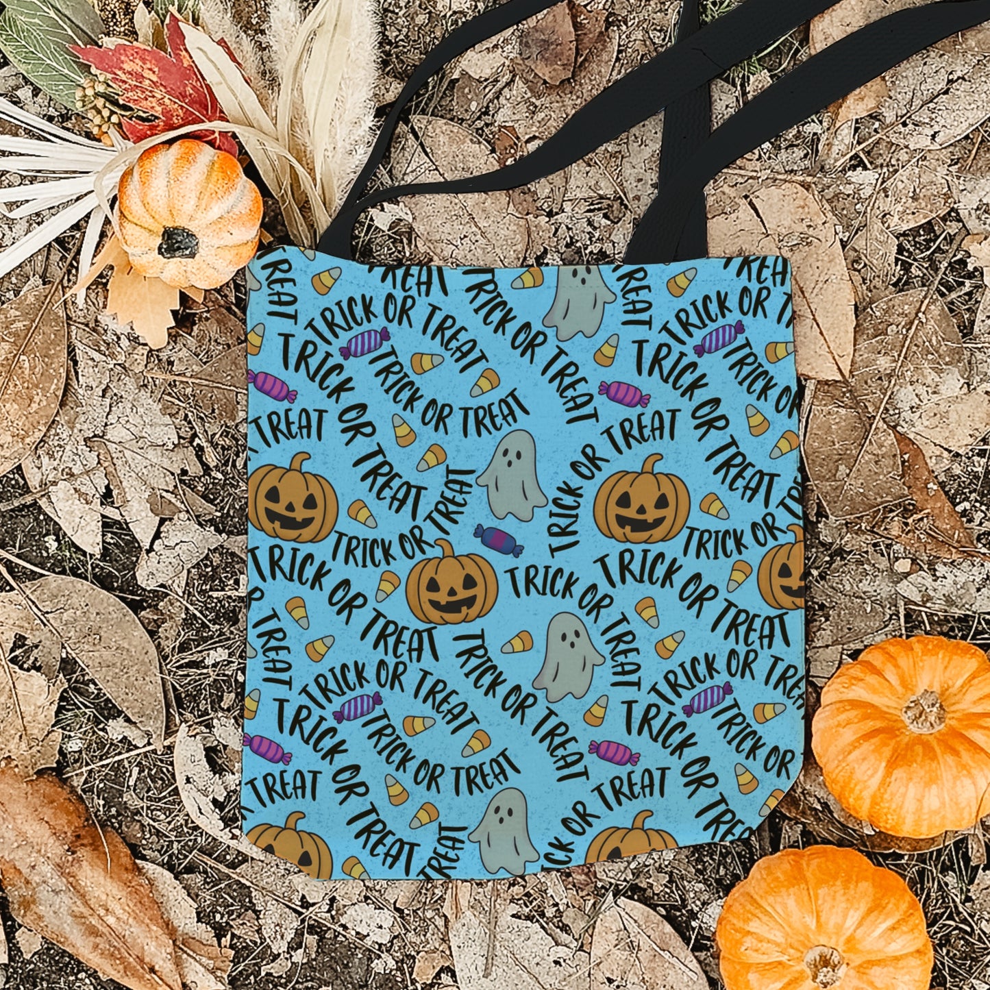 Blue Trick or Treat Halloween Bag – Cute Ghosts, Pumpkins, Candy & Lettering Pattern – 13” Kids Tote for Halloween Night