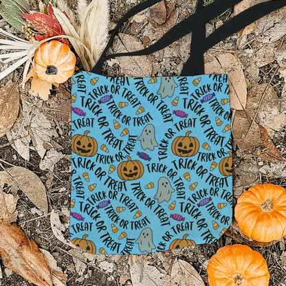 Blue Trick or Treat Halloween Bag – Cute Ghosts, Pumpkins, Candy & Lettering Pattern – 13” Kids Tote for Halloween Night