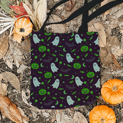 Green Ghost Halloween Trick or Treat Bag – Cute  Ghosts, Pumpkins, Candy & Bats – Reusable 13” Tote for Kids