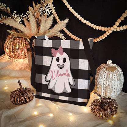 Girly Ghost Trick or Treat Bag – 13" Buffalo Plaid Halloween Tote with Pink Bow